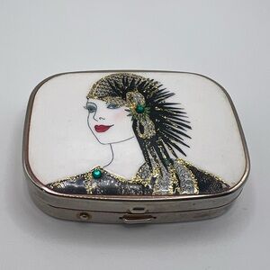 Vintage Art Deco Flapper Pill Box with Gold Glitter & Green Rhinestones
